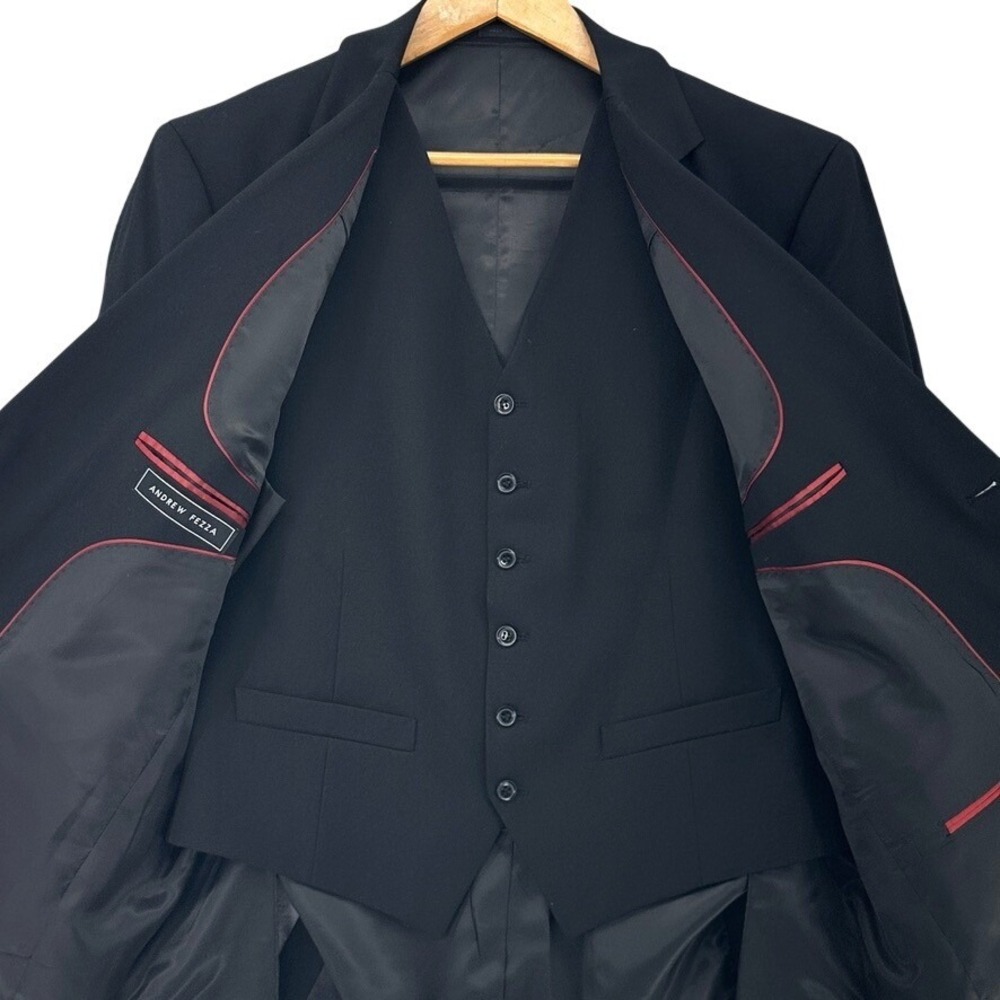 VTG Andrew Fezza 44R Black 100% Wool Blazer Vest Set 2 Piece Formal Suit 1990s